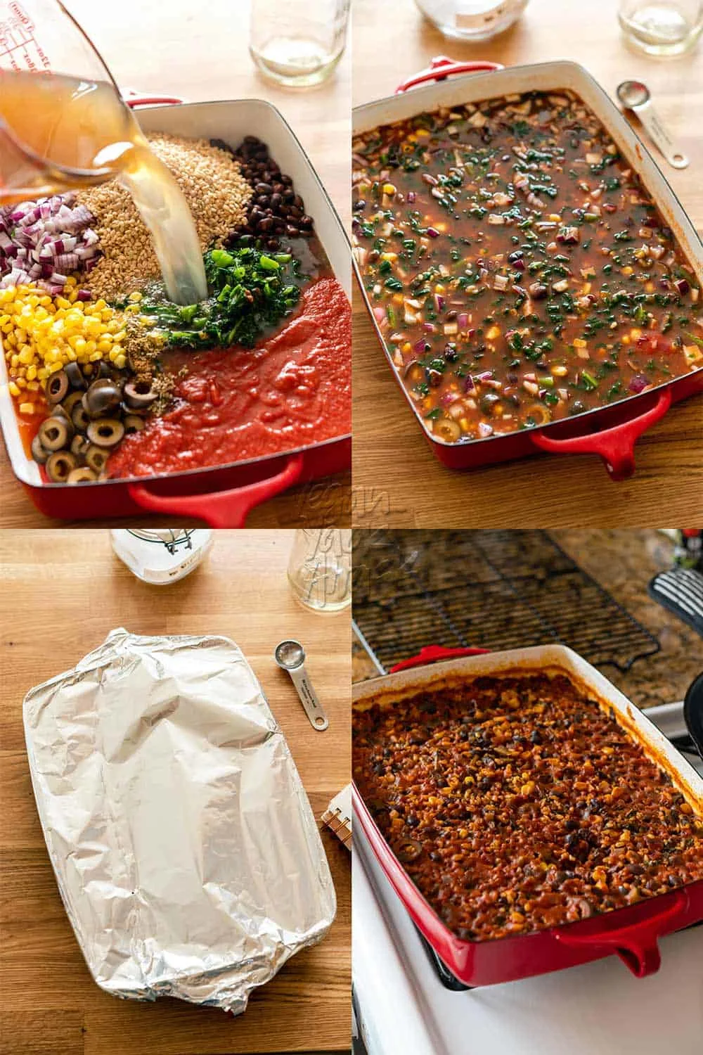 Image collage of assembly of rice bake in a red casserole dish