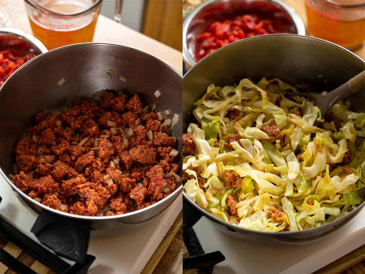 Image collage of sautéing onions with vegan meat, and cabbage