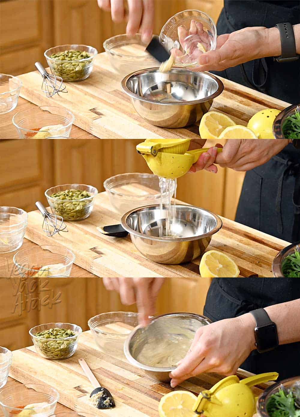 Image collage of adding dijon and lemon juice to tahini dressing