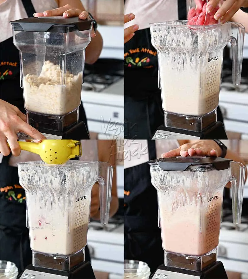 Image collage of ingredients being added to a blender and pureed