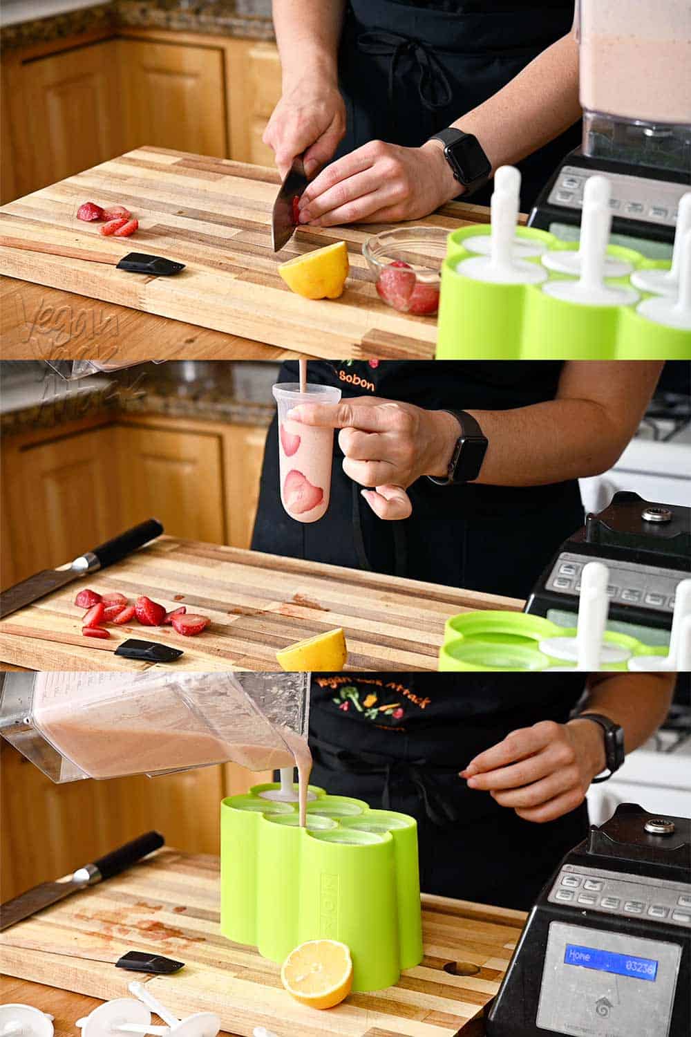 Image collage of slicing strawberries and assembling popsicles