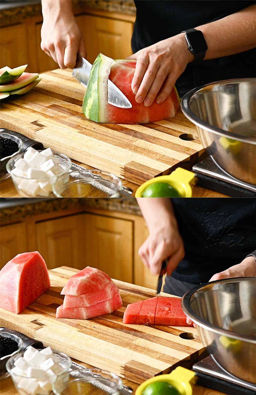 Image collage of prepping watermelon and cubing it for salad