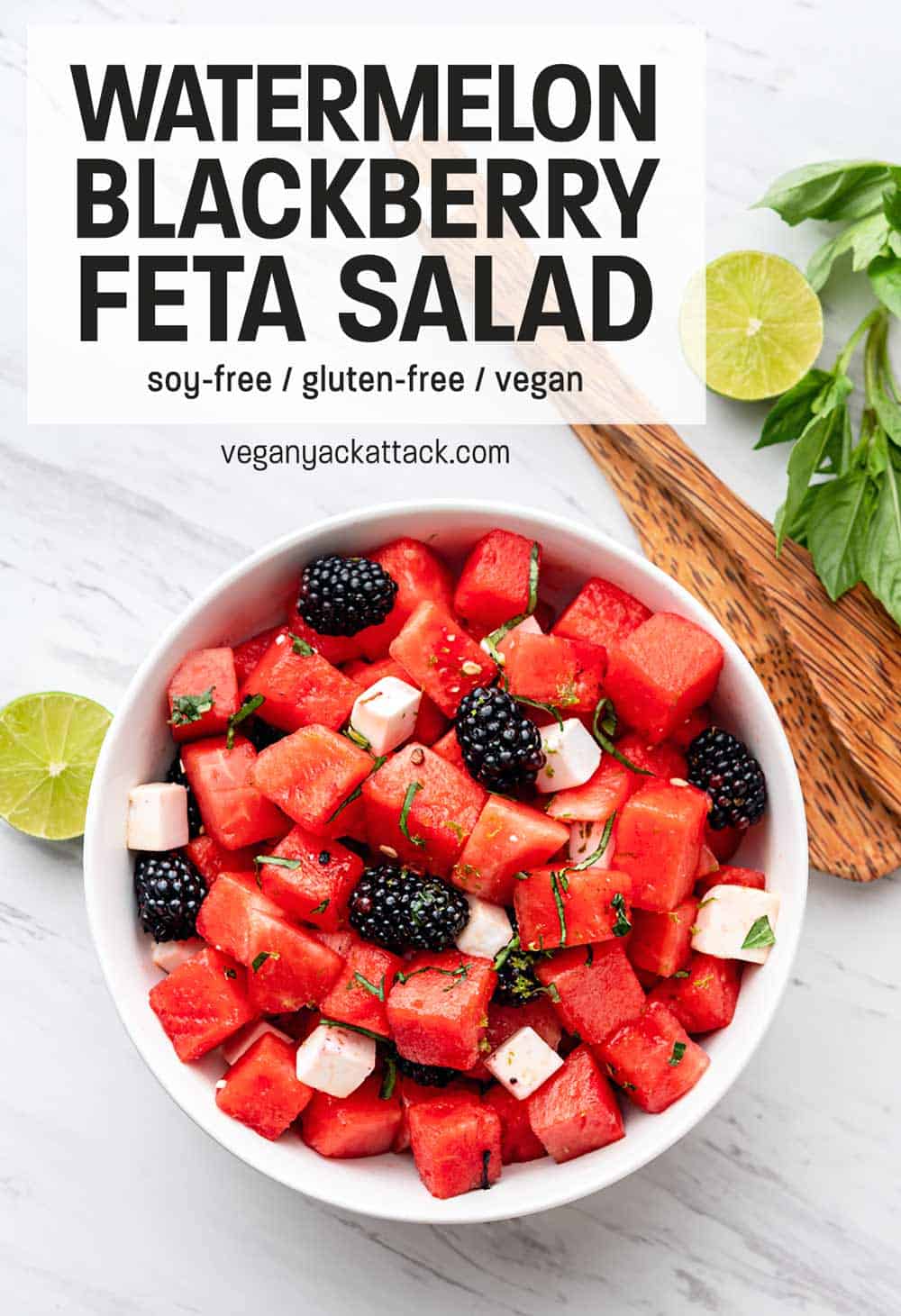 Large white bowl filled with fruit salad with overlay text reading "Watermelon Blackberry Feta Salad"