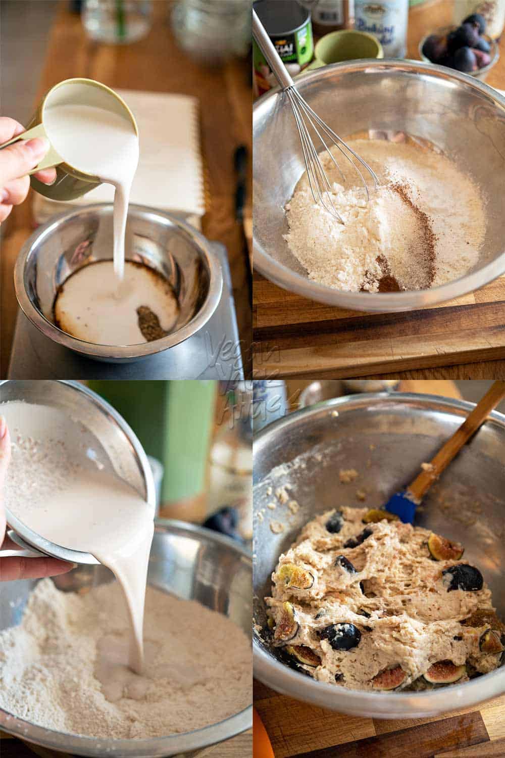 Image collage of steps on mixing the figgy scone dough