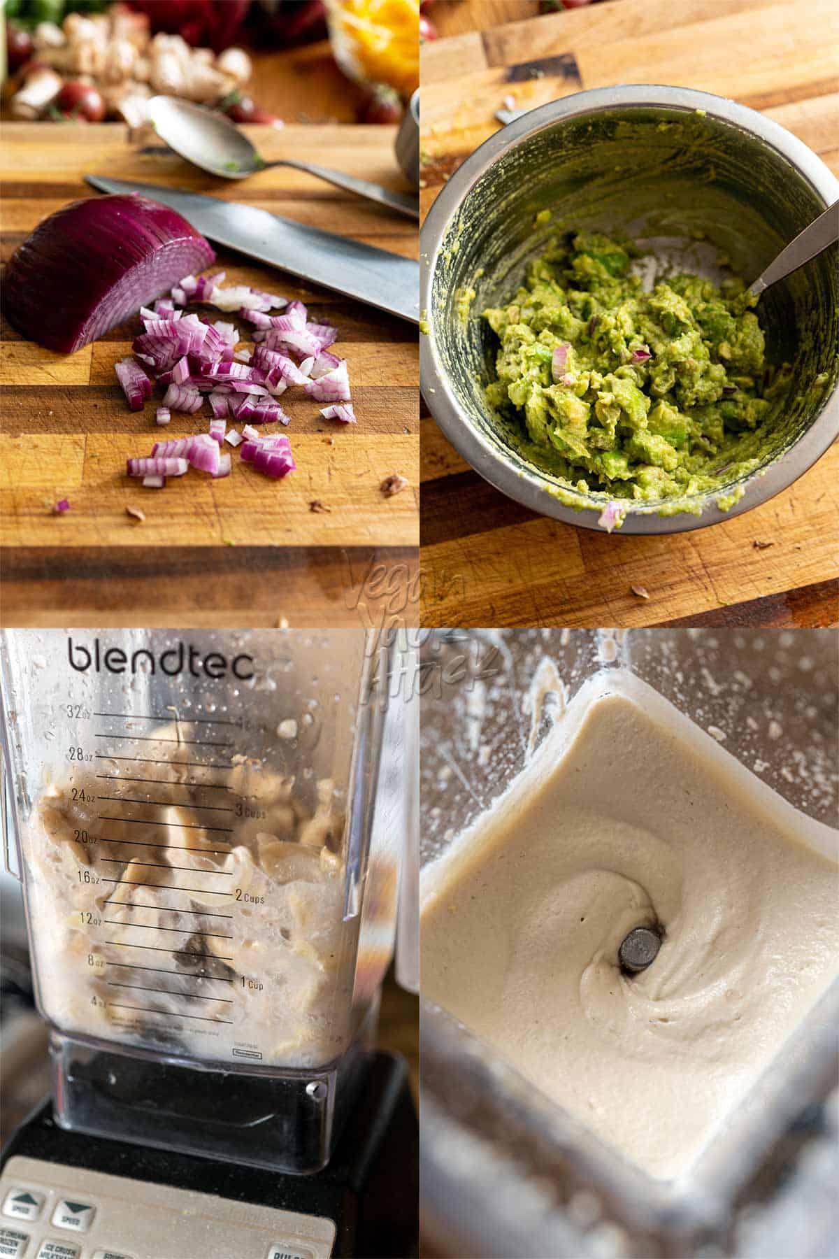 Image collage of making guacamole and cashew cream