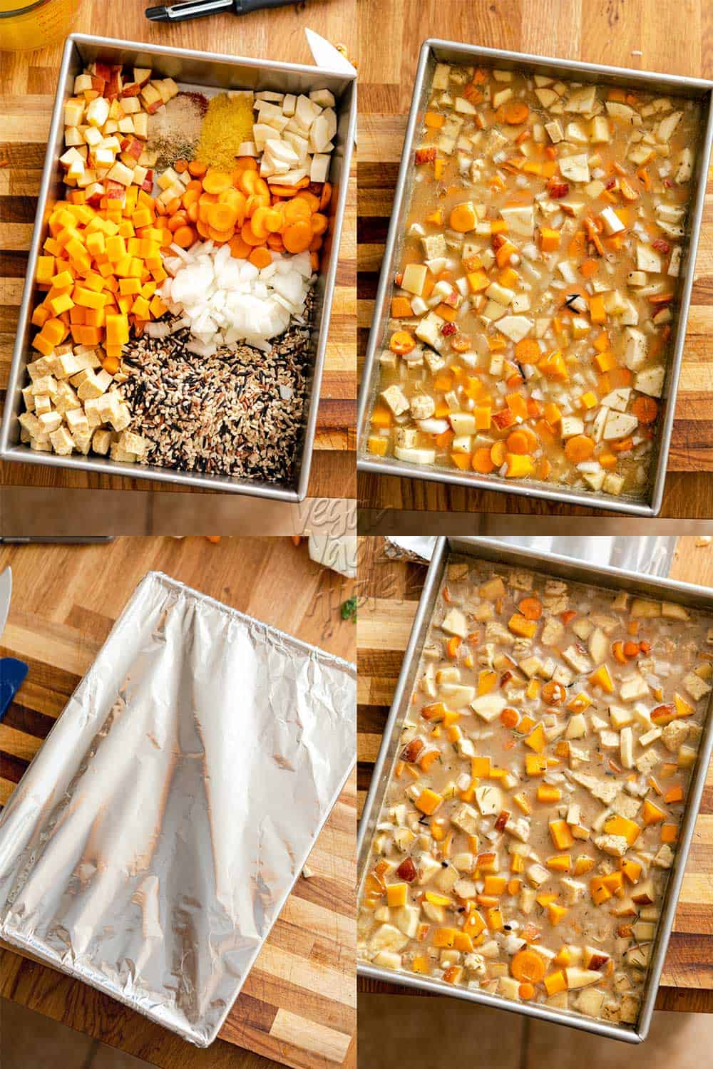 Image collage of steps to cook the autumn wild rice bake