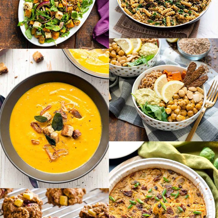 Image collage of autumn seasonal vegan dishes, including soup, pasta, quiche, cookies, and salad
