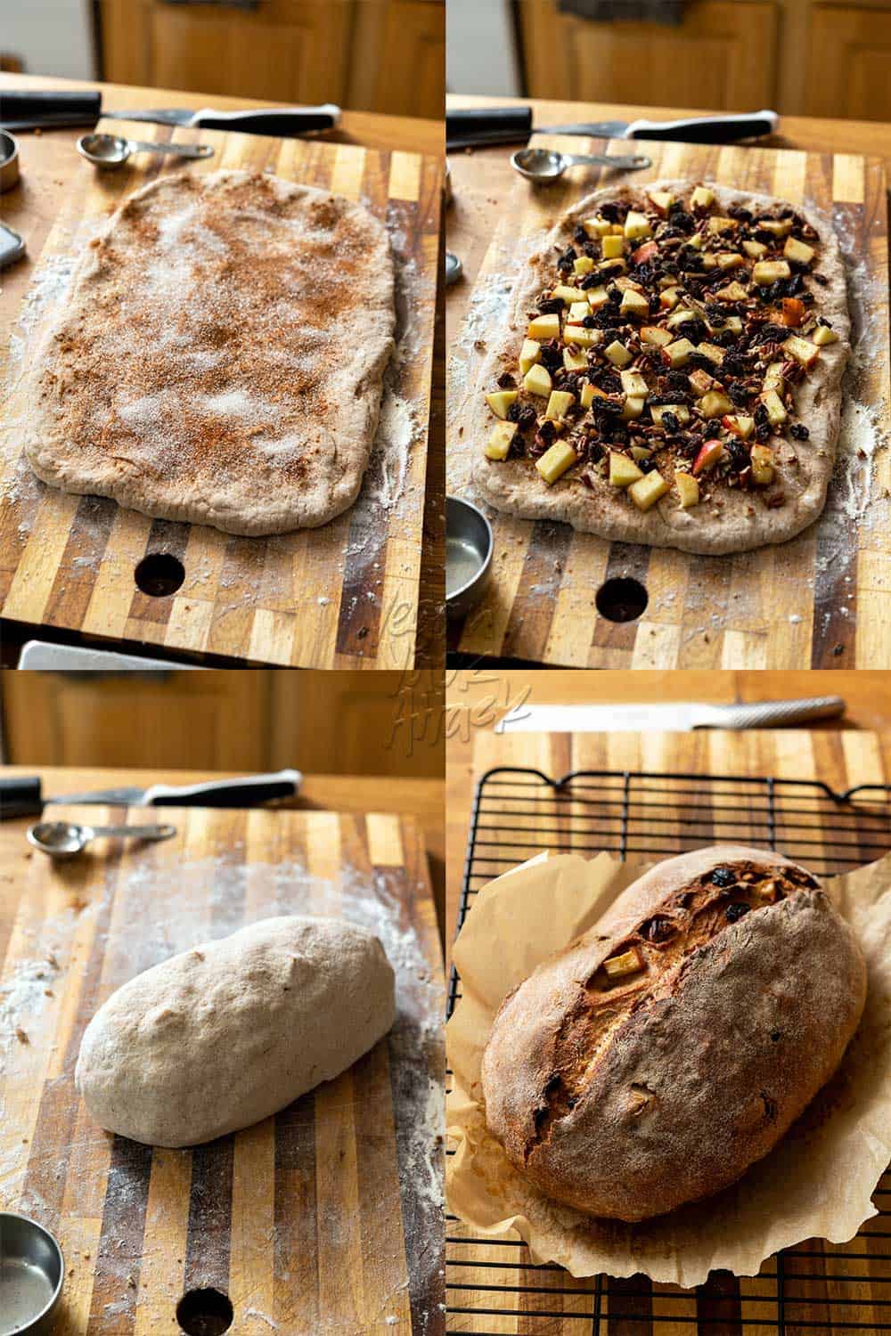 Image collage of folding apples, fruit, and nuts into whole wheat dough