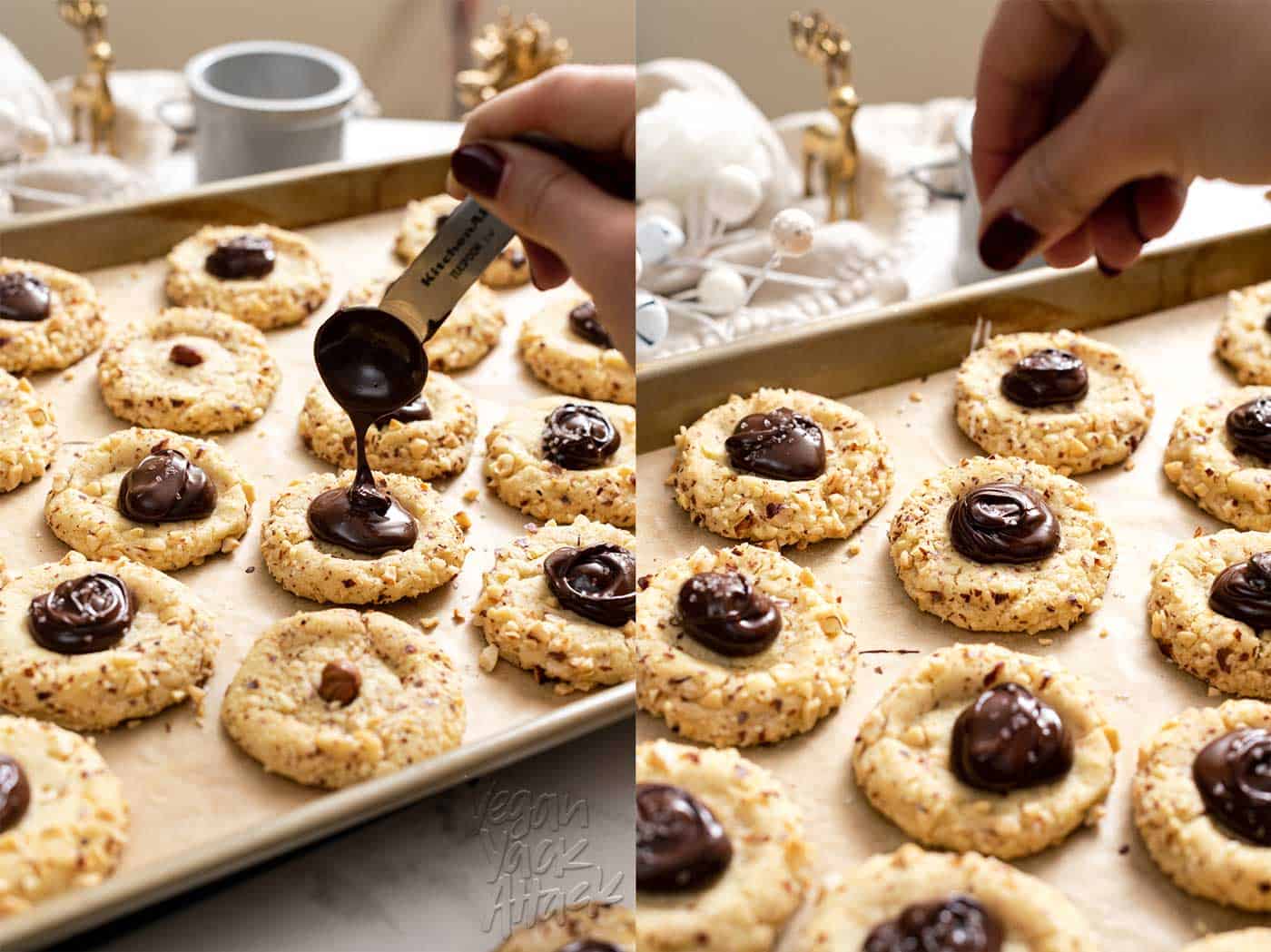 Image collage of filling thumbprint cookies with chocolate