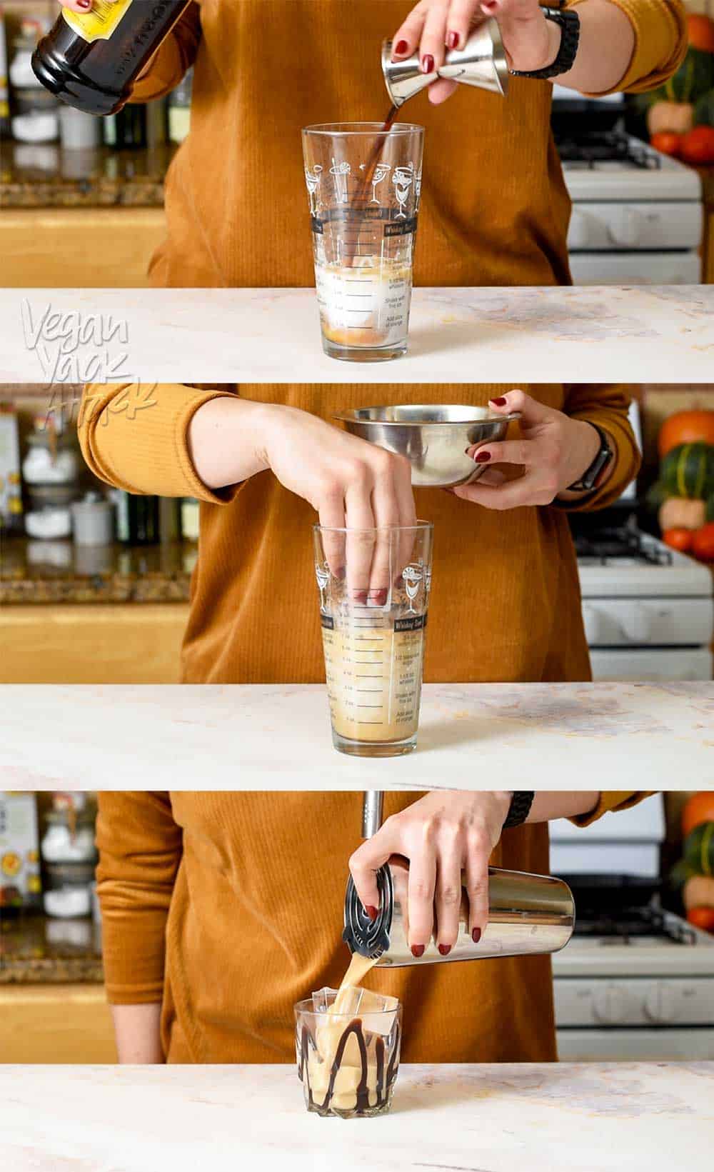 Image collage of making dessert cocktail in a shaker glass on marble counter, with yellow sweater on