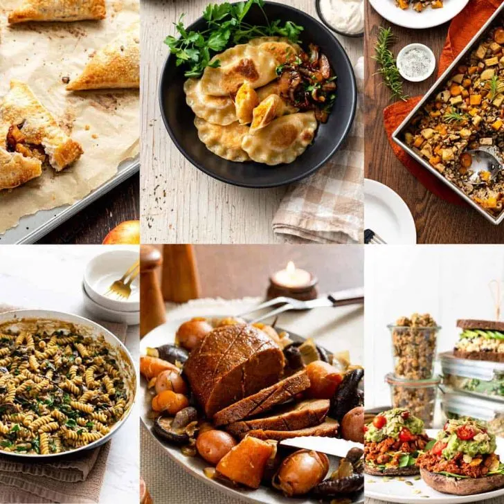 Image collage of various vegan recipes, like pierogi, seitan roast, meal prep, and pasta