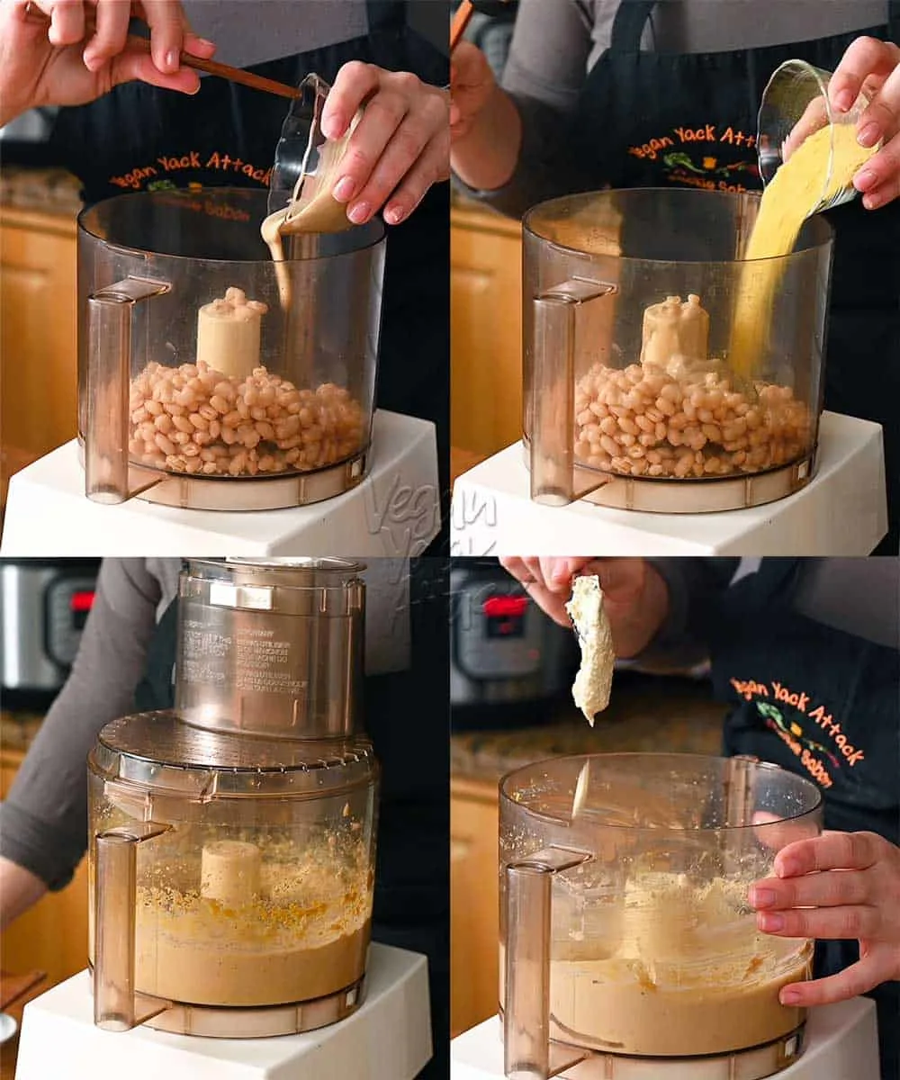 Image collage of preparing white bean garlic dip in a food processor