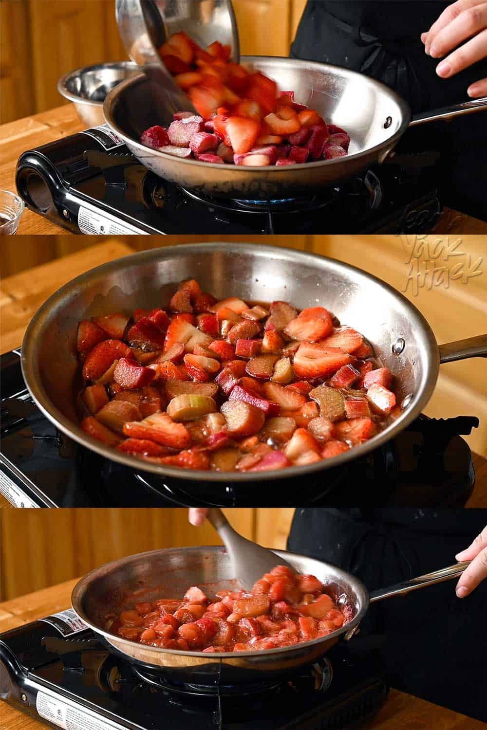 Image collage of strawberries and rhubarb cooking in a pan
