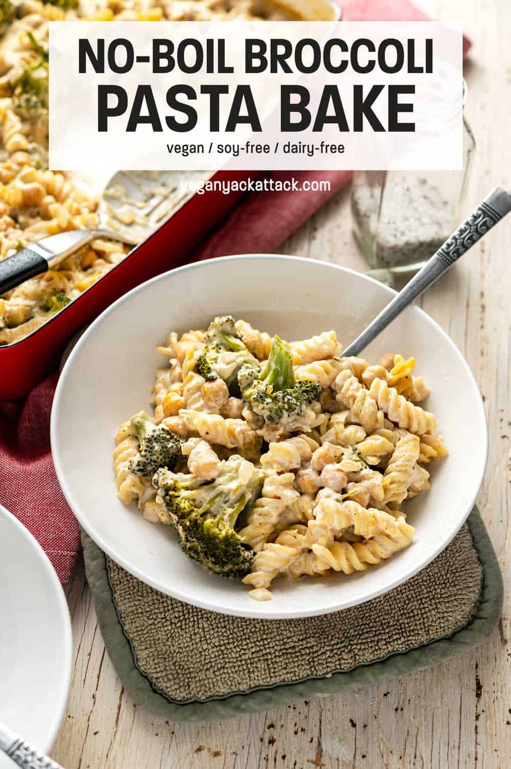 Bowl of No-Boil Broccoli Pasta Bake next to a casserole dish, with text overlay