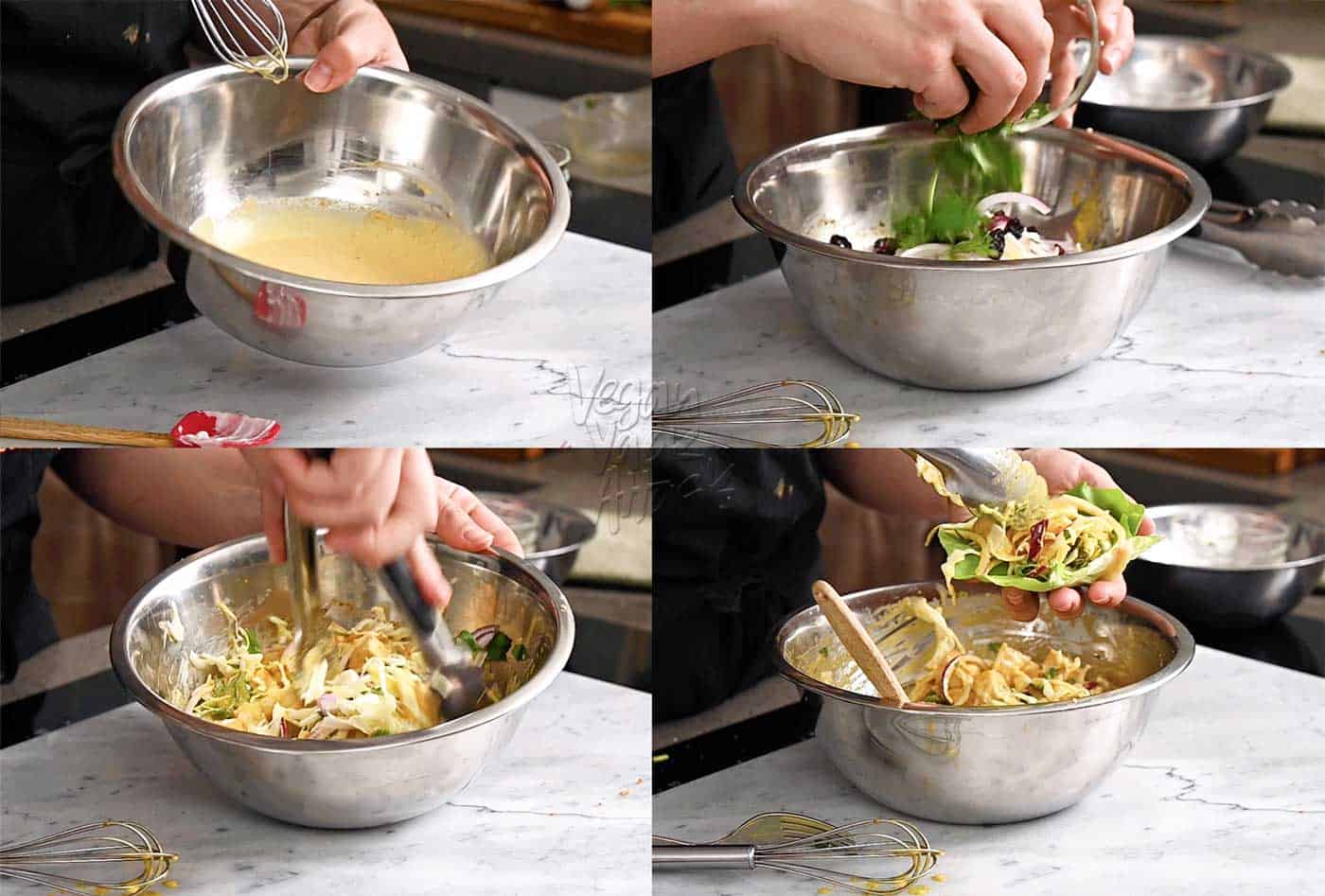 Image collage of tossing together curried tofu Salad in a bowl