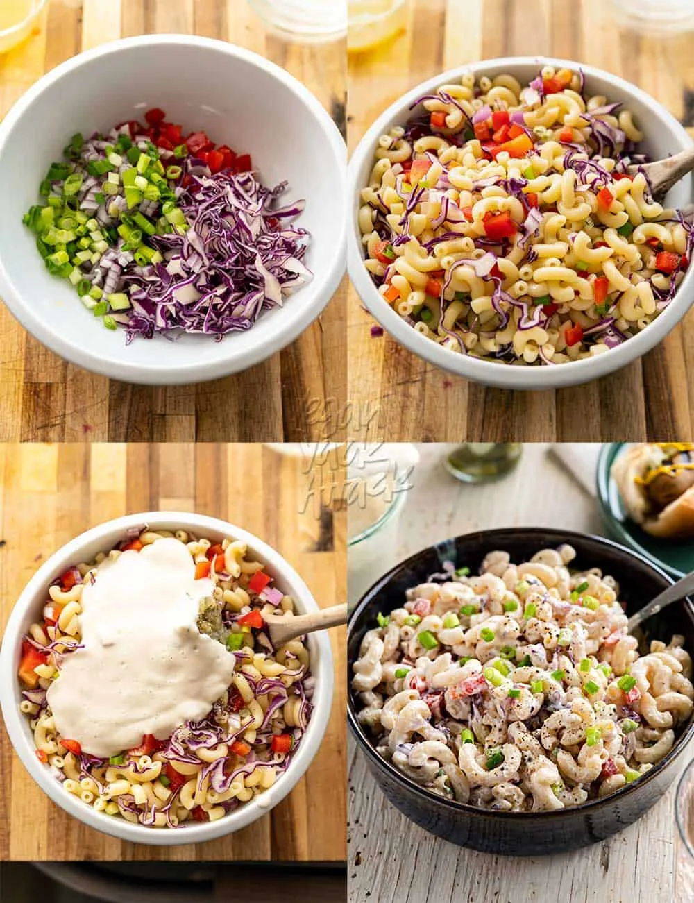 Image collage of assembling vegan macaroni salad in a bowl