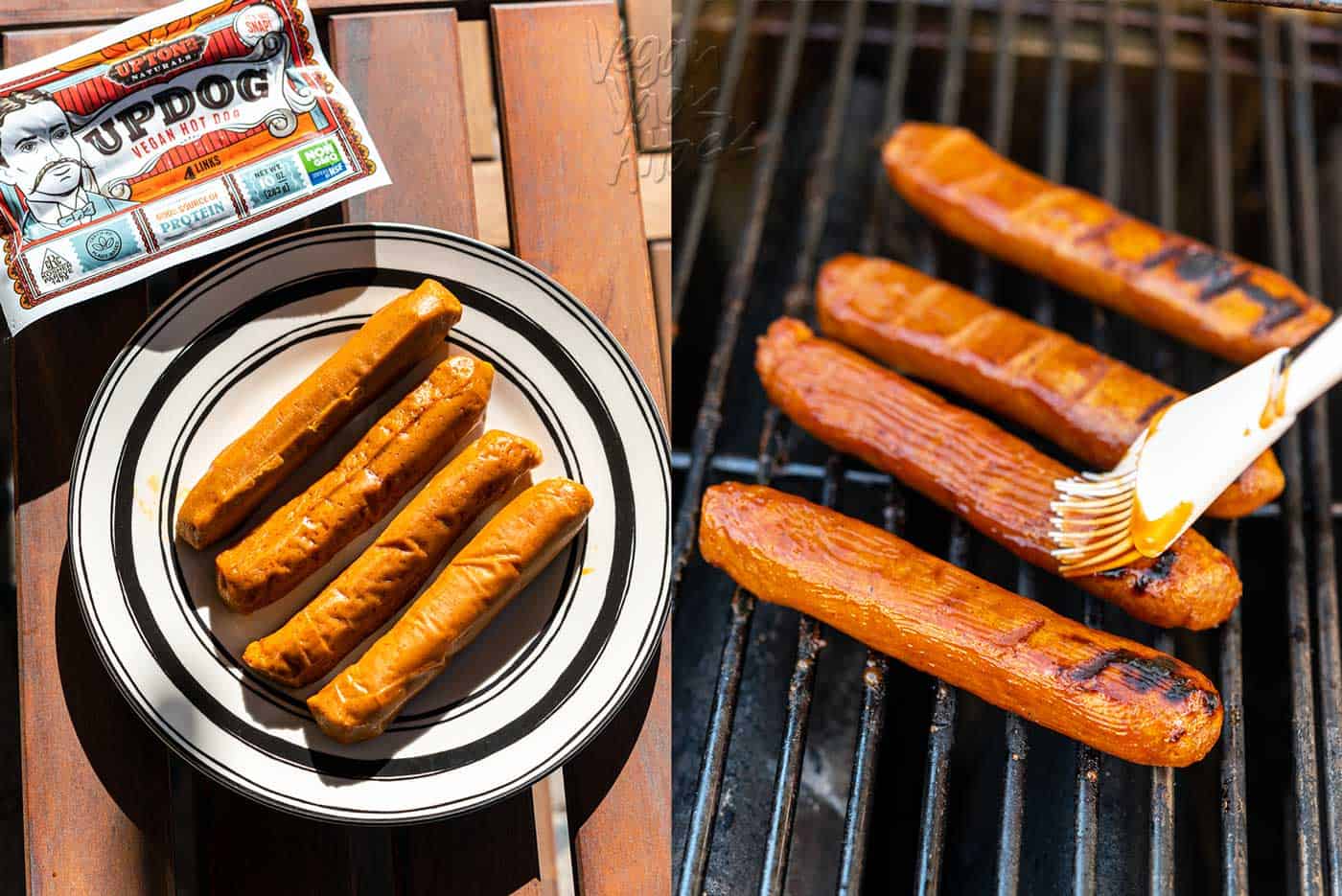 Image collage of vegan updogs on a plate and on the grill