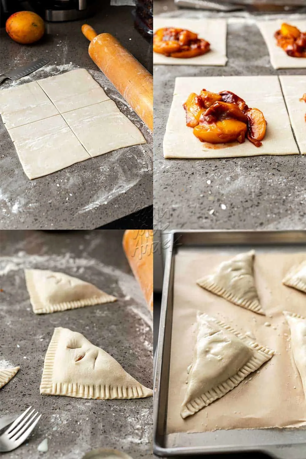 Collage of steps to cut and fill peach turnovers