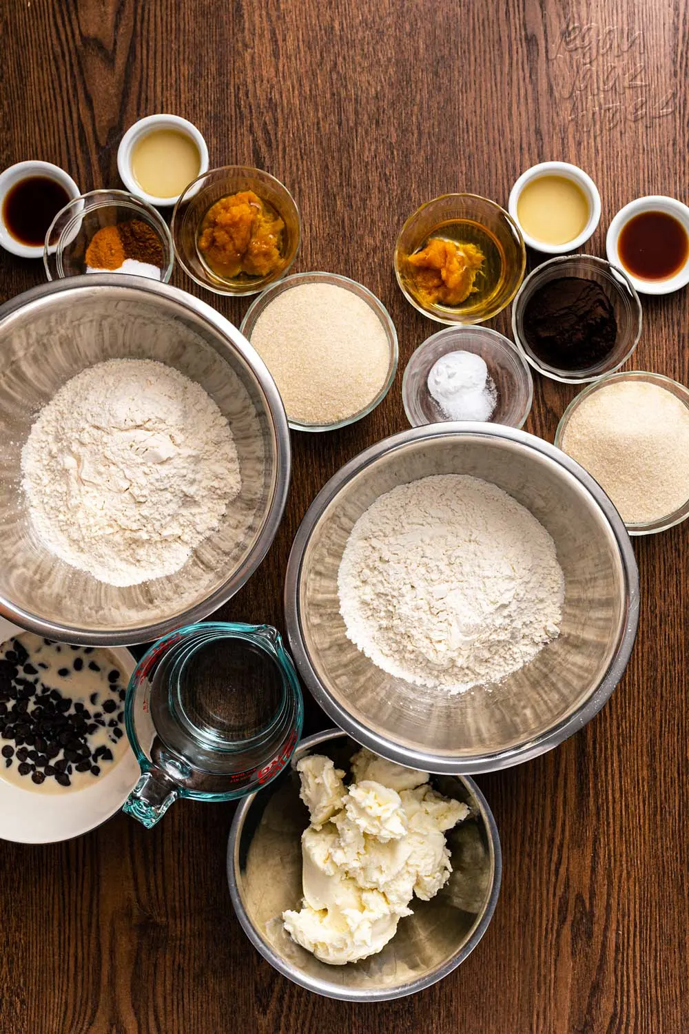 Many, many bowls of ingredients for cake