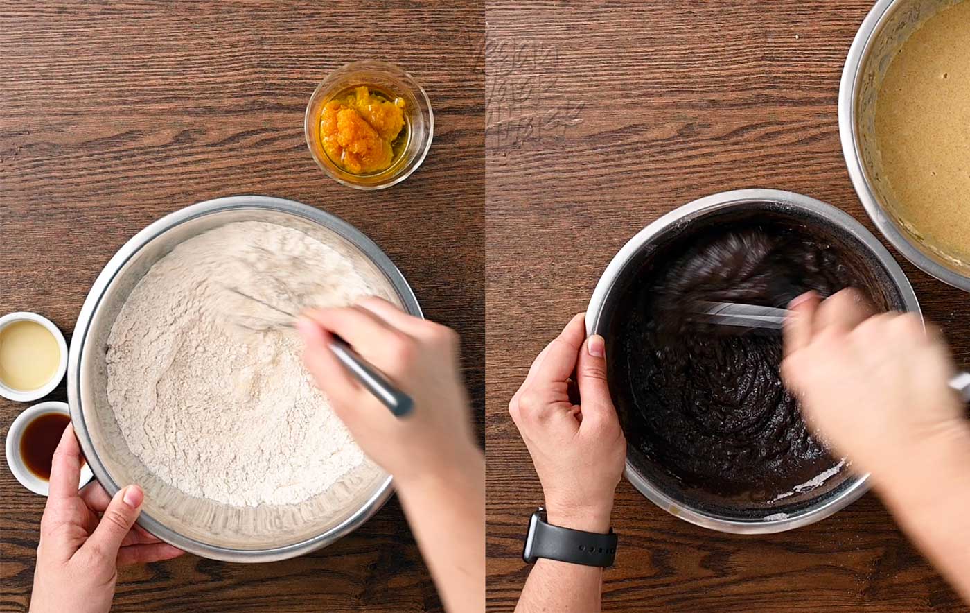 image collage of white person prepping two different cake batters