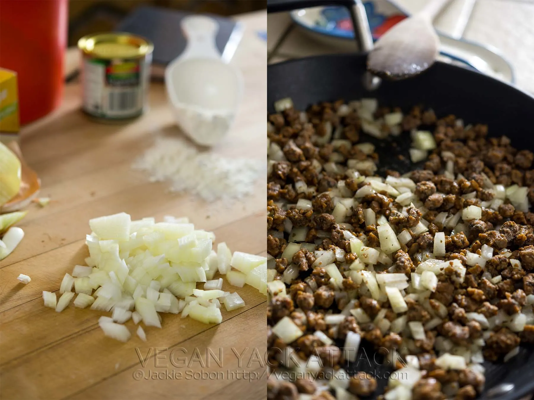 Image collage of diced yellow onion and onion and grounds cooking in pan
