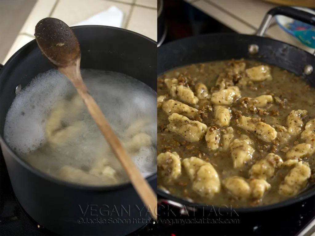 Image collage of cooking kluski dumplings in boiling water and then cooking in meat gravy