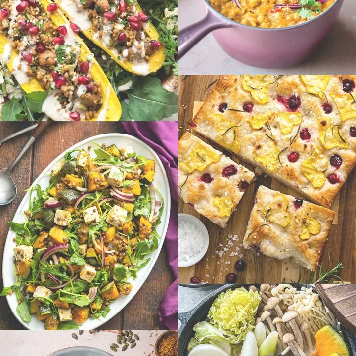 Photo collage of vegan squash soups, salads, bread, and entrees