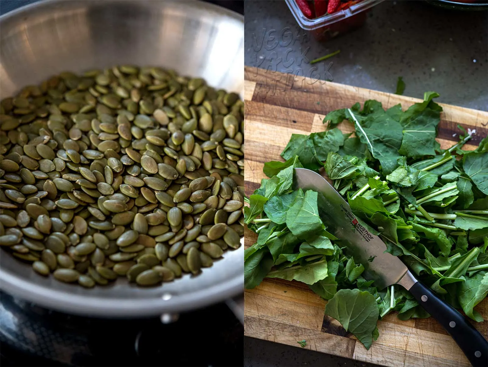 images of toasting pepitas in a pan, and chopping arugula