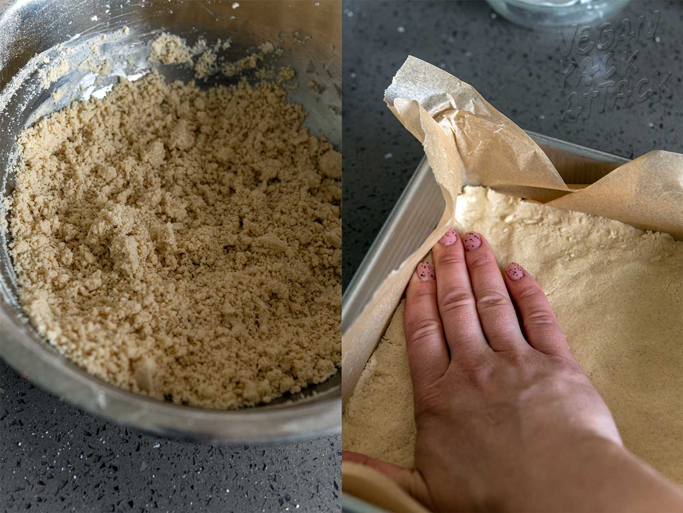 Image collage of crumbly shortbread dough and hand pressing it into a baking pan