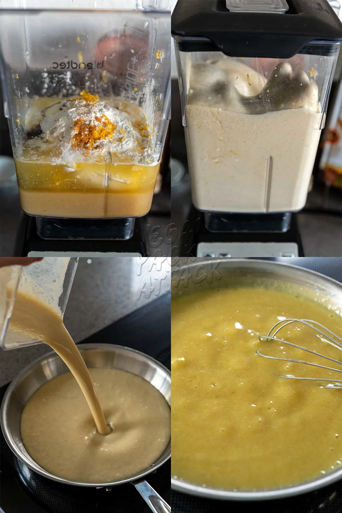 Image collage of blending and simmer Vegan lemon curd