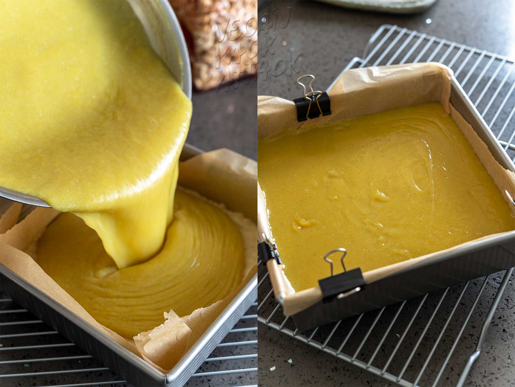 Vegan lemon custard being poured into baking pan