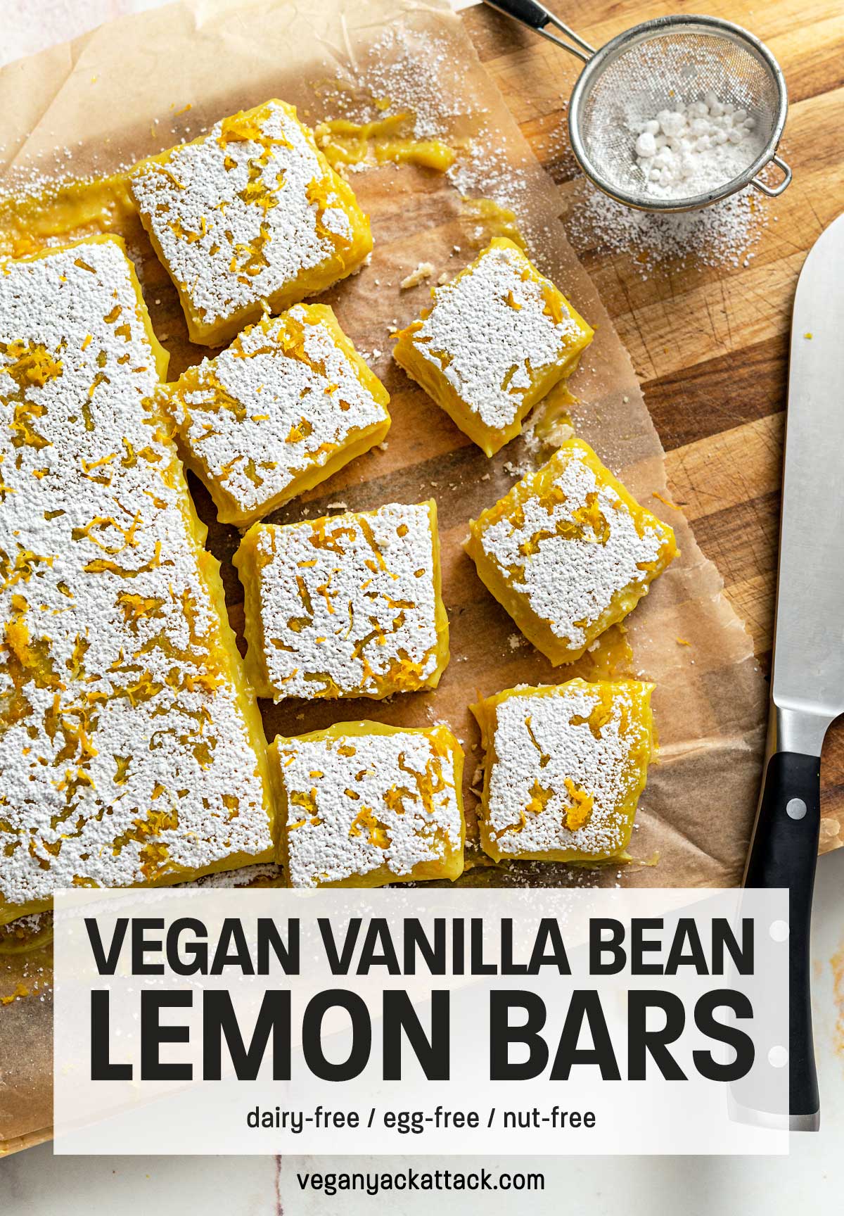 Image of lemon bars cut into squares on a cutting board with text overlay "vegan vanilla bean lemon bars"
