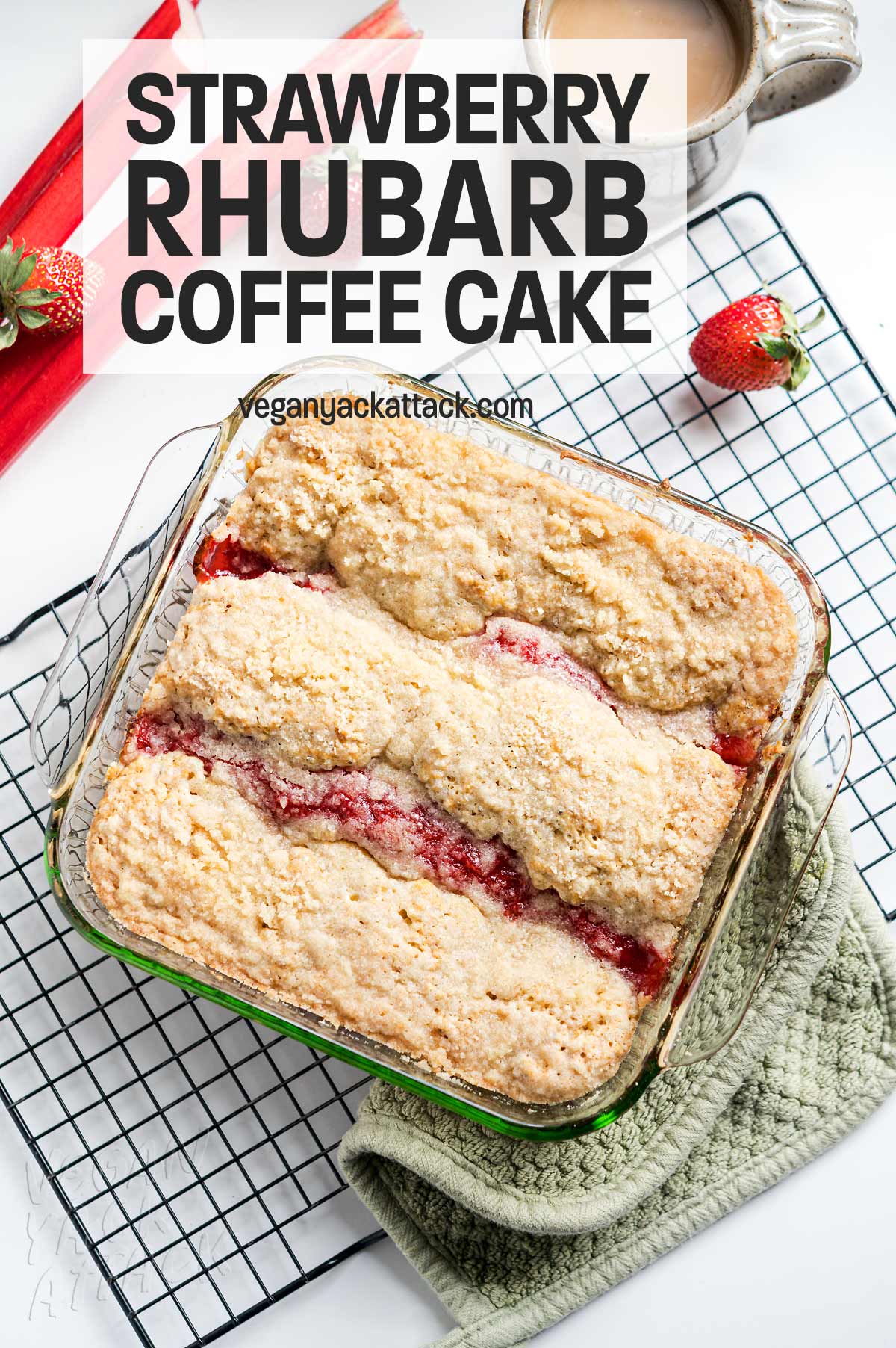 Strawberry rhubarb coffee cake in a glass casserole dish on a cooling rack with text overlay
