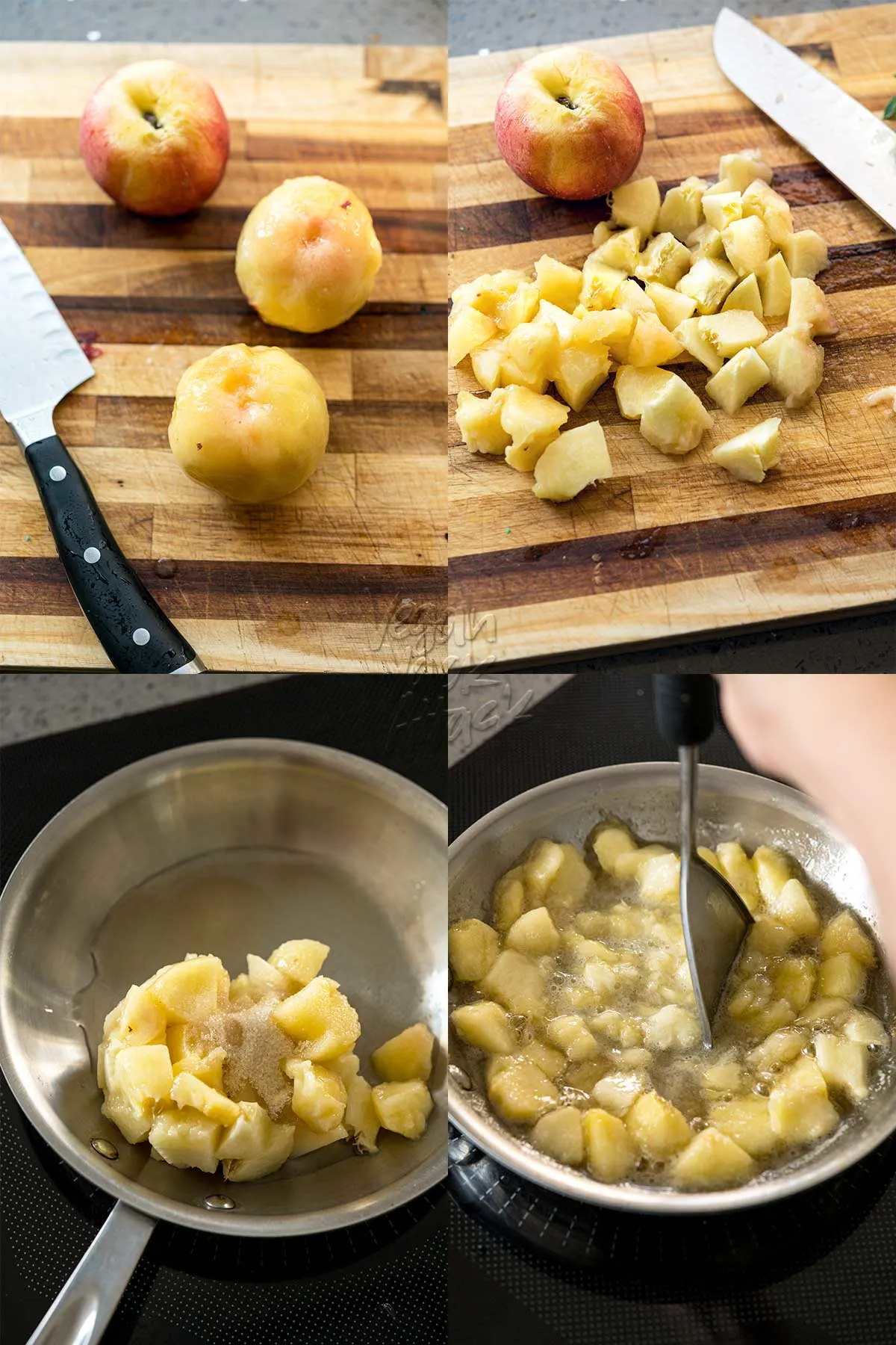 Image collage of white peaches being peeled, chopped, simmered and mashed