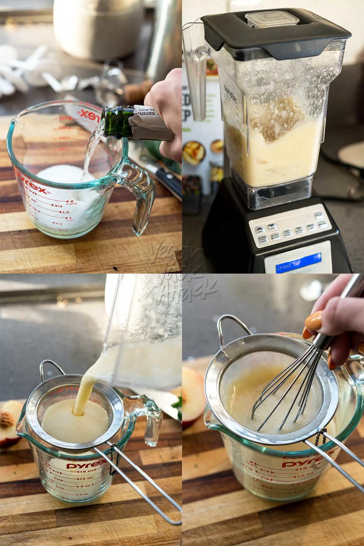 Image collage of blending wine and peaches then straining mixture