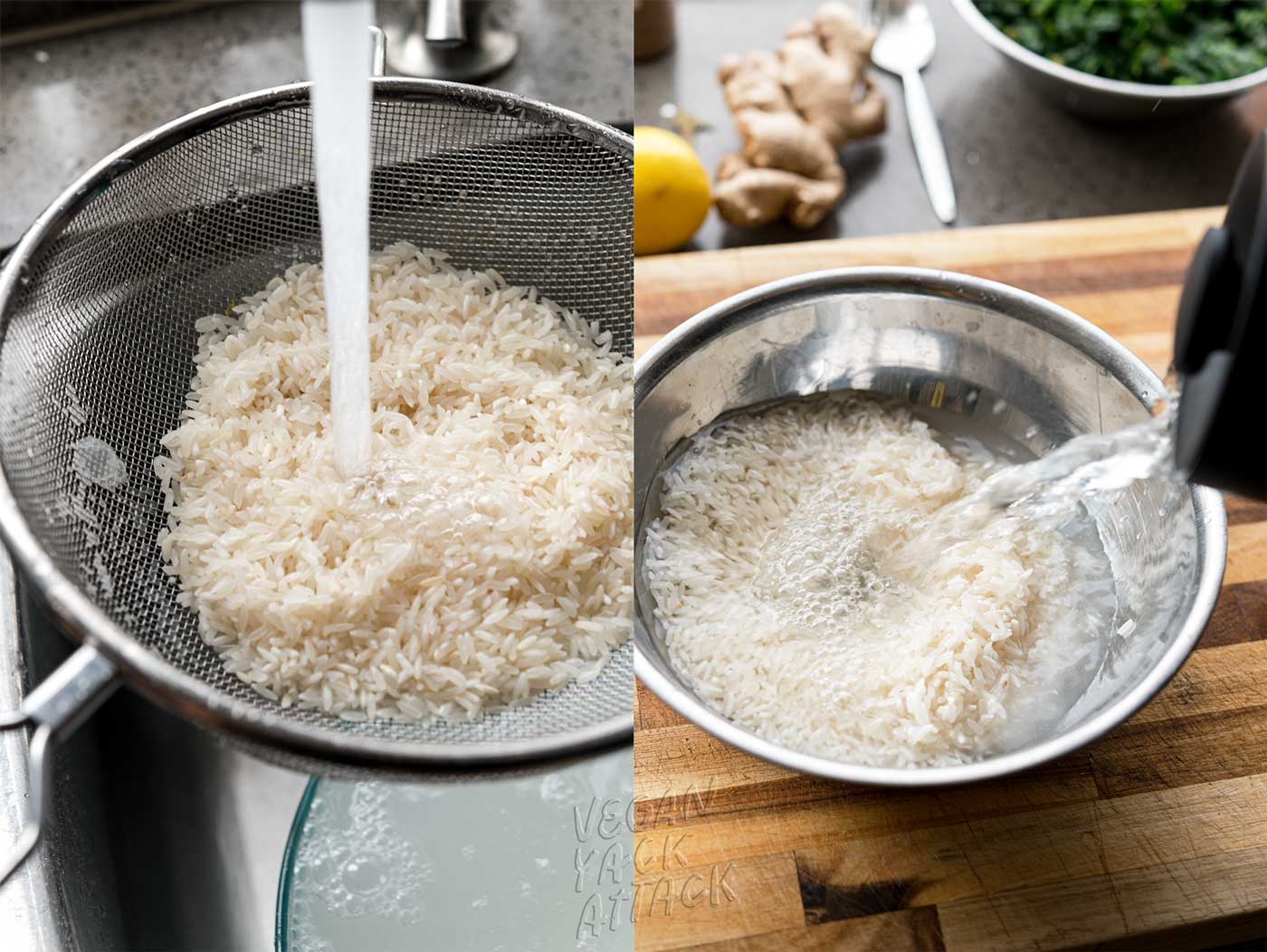 image collage of rinsing and soaking white jasmine rice