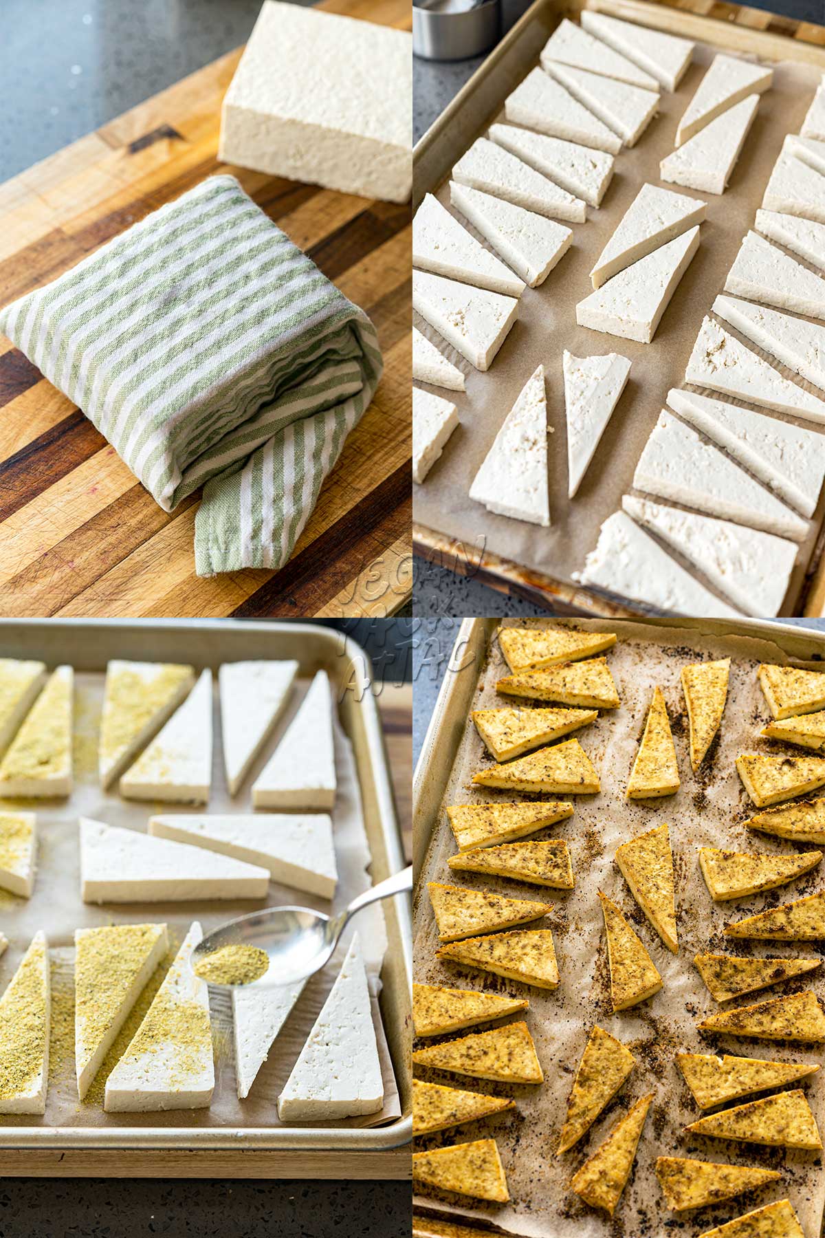 image collage of prepping and making roasted lemon pepper tofu