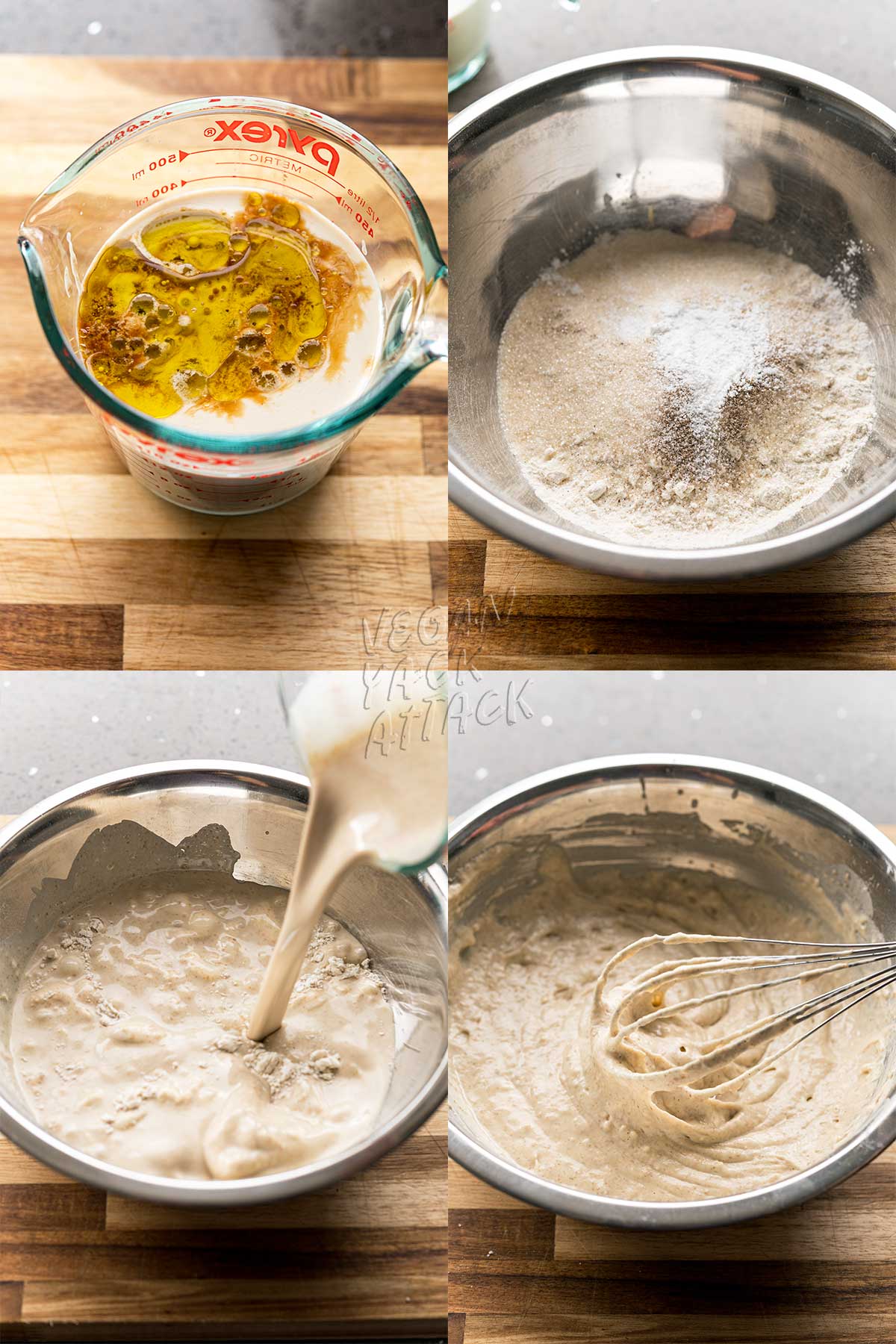 Image collage of pancake batter being mixed