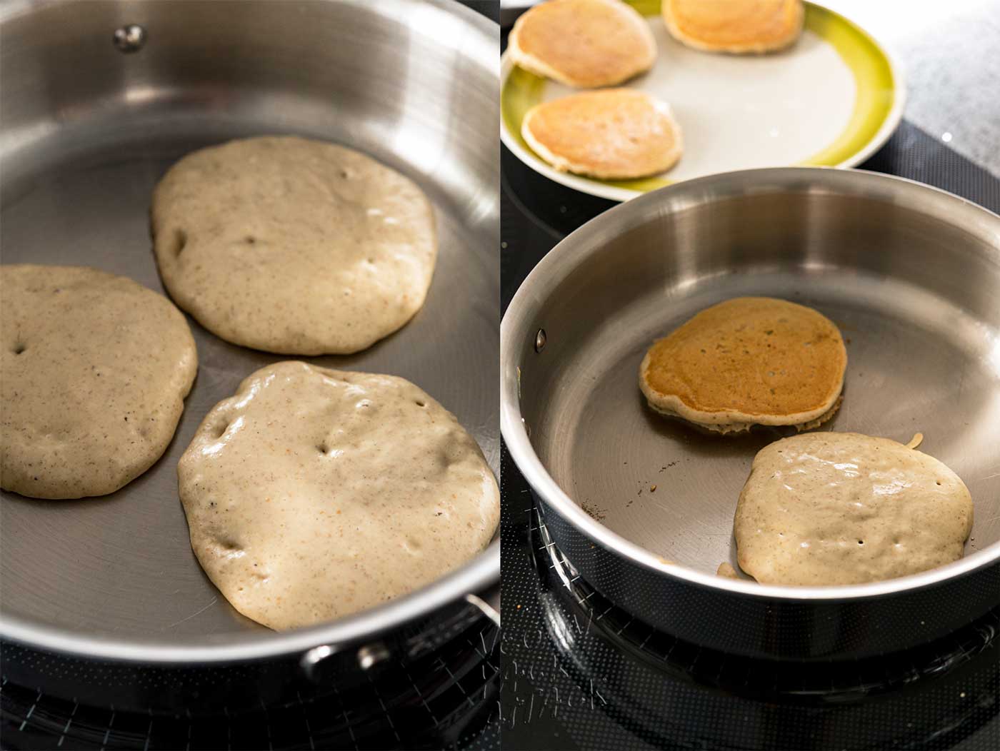 image collage of pancakes before and after cooking in a pan