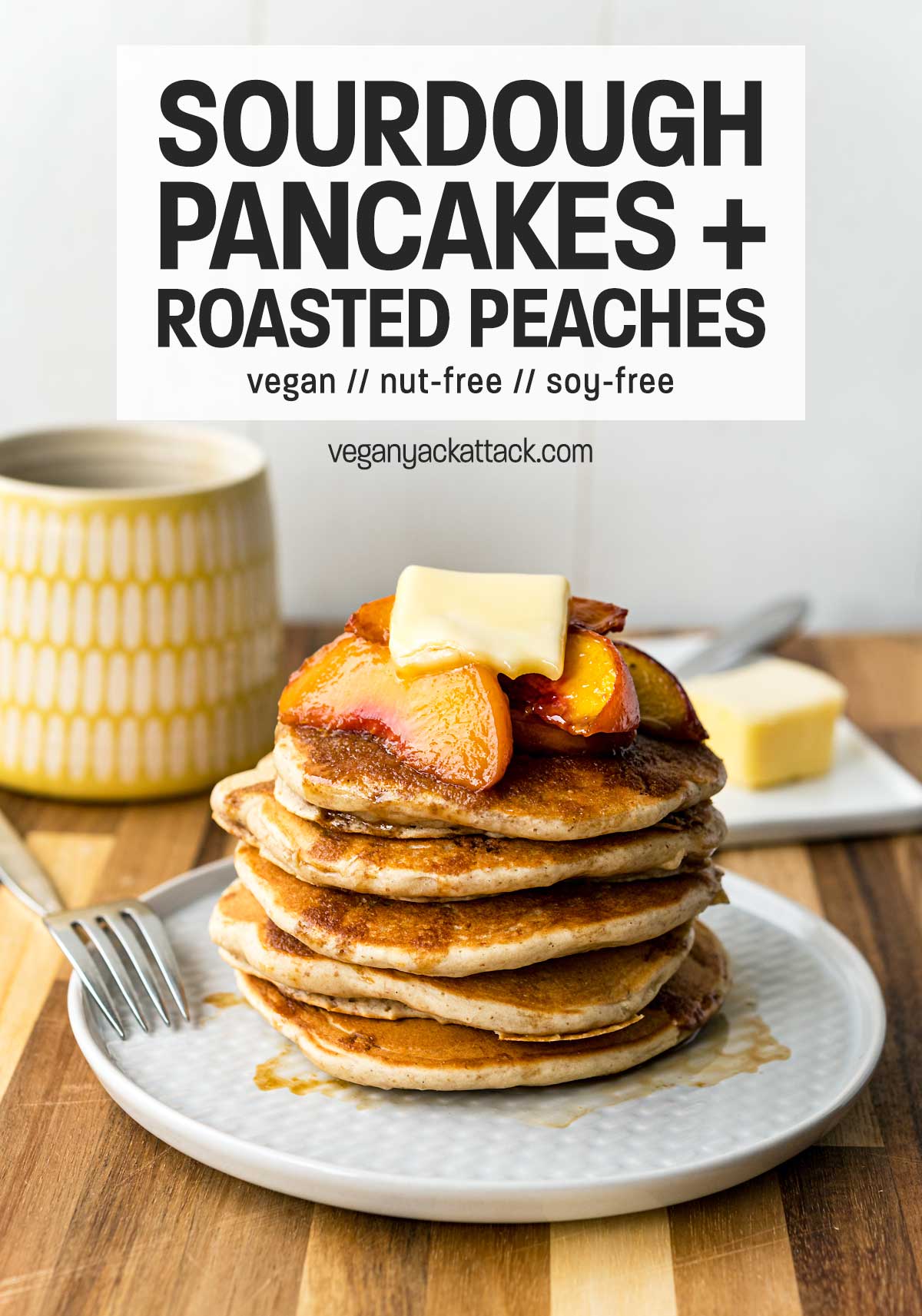 Stack of fluffy pancakes on a plate, topped with peaches, with text overlay 