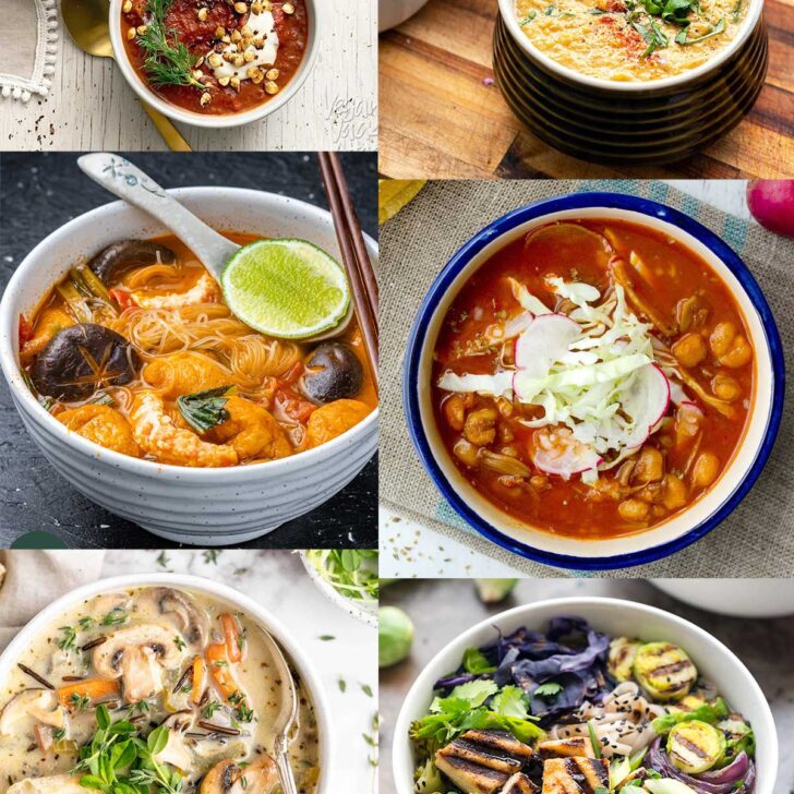 Image collage of various soups, all vegan, in various bowls