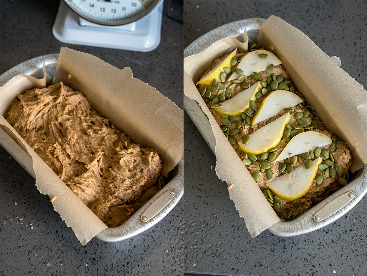 images of loaf batter being topped before baking