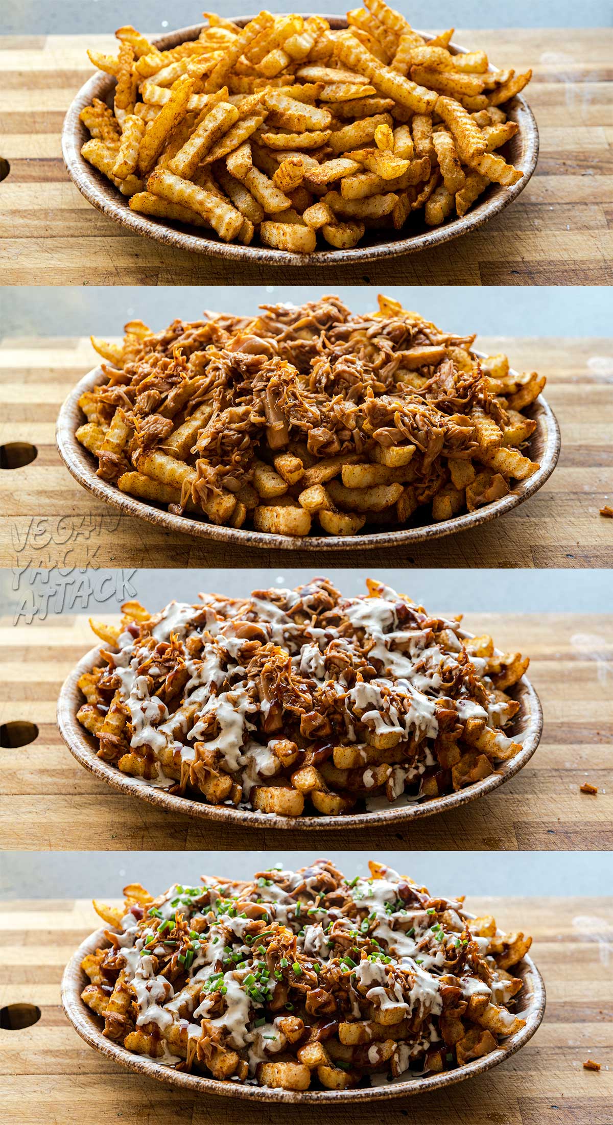 Image collage of steps to assemble BBQ fries
