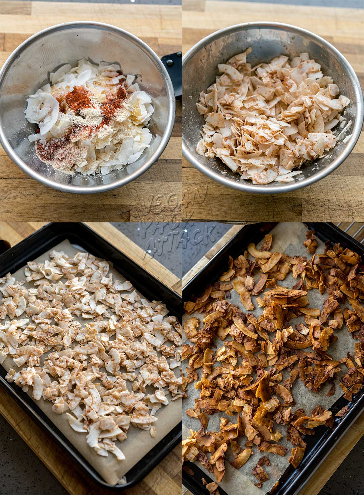 Collage di immagini della preparazione del bacon al cocco