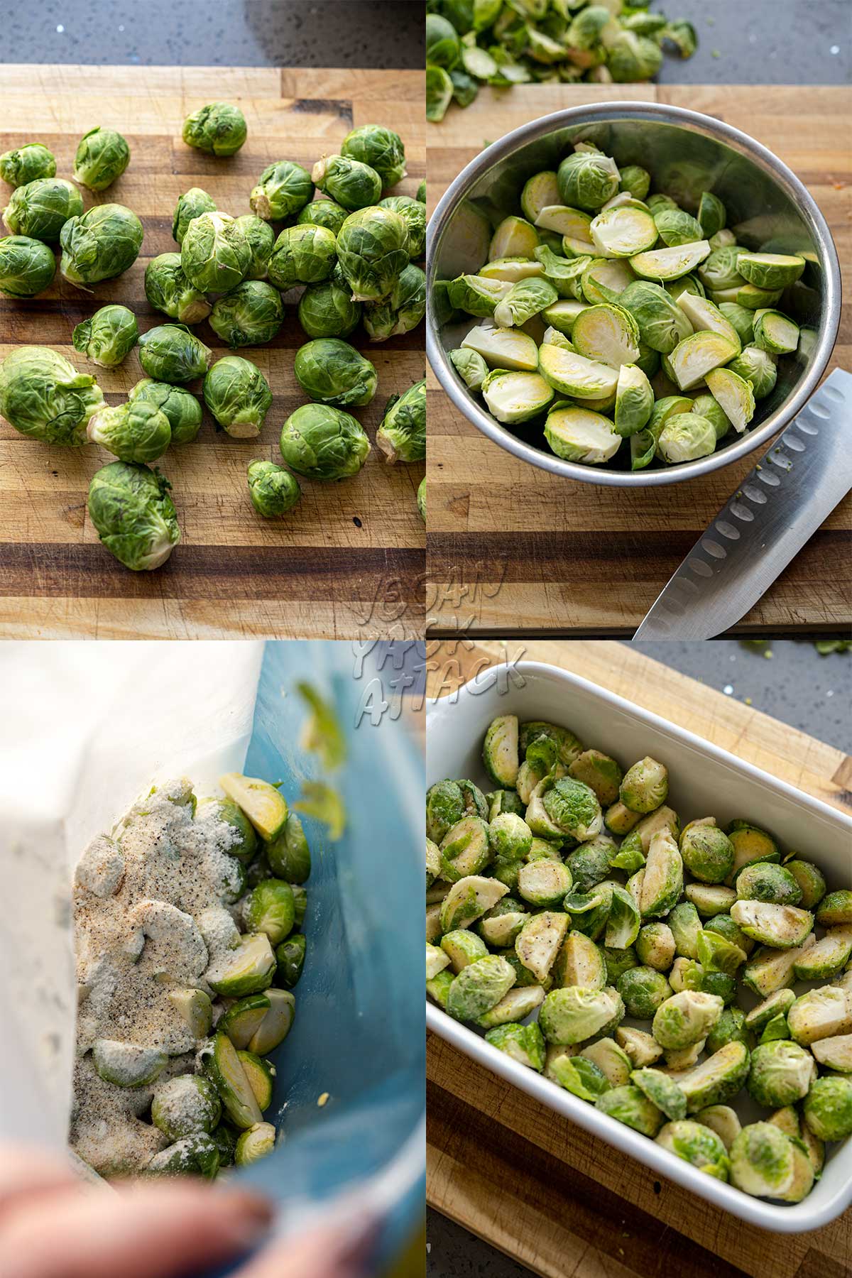 image collage of prepping Brussels sprouts