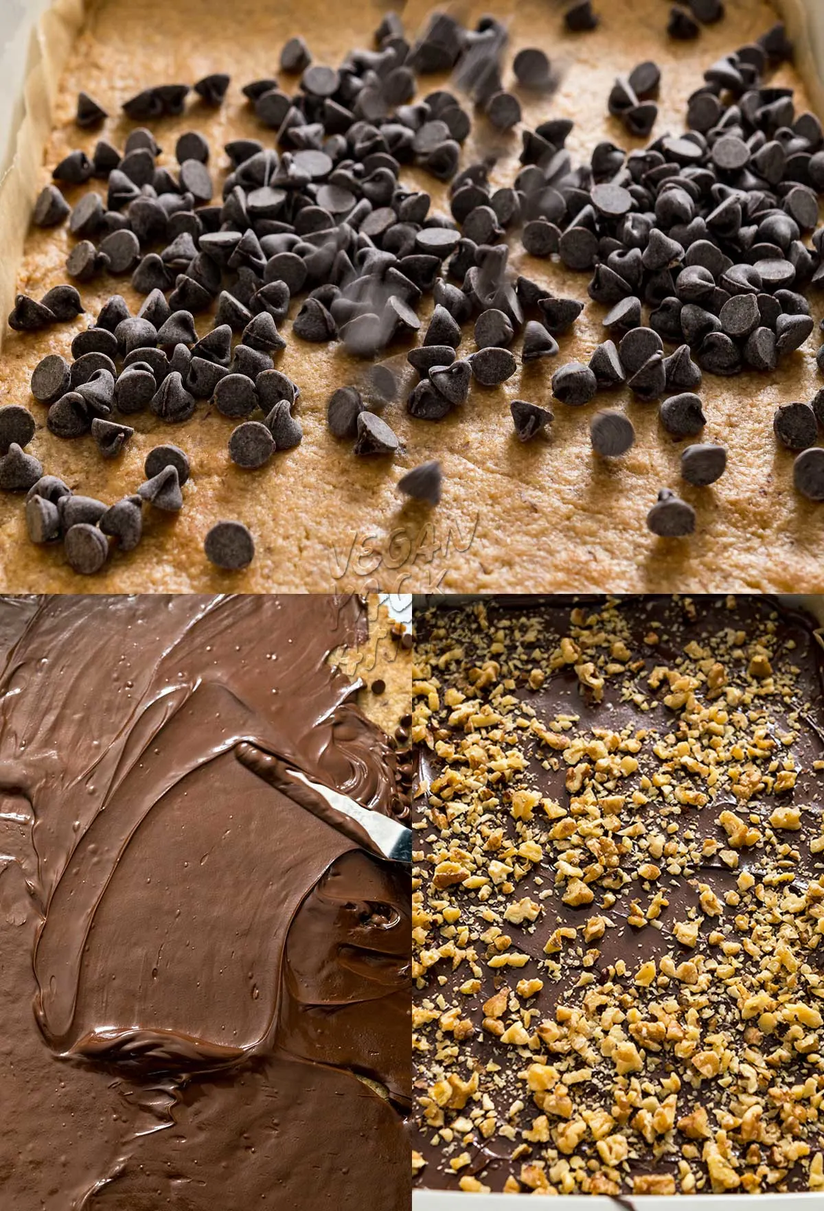 collage of melting and spreading chocolate chips on cookie bars