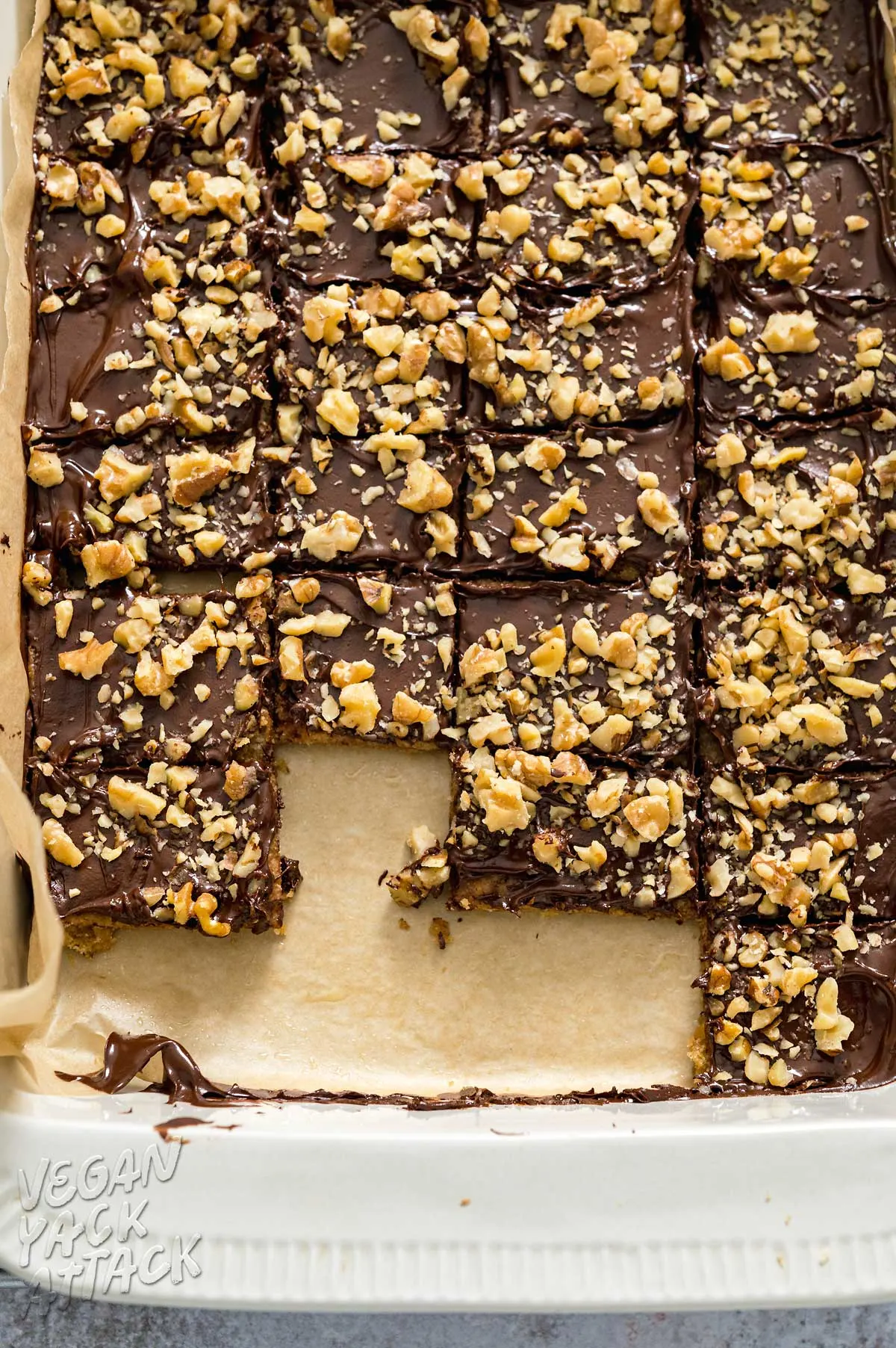 Close up of sliced toffee cookie bars in baking dish
