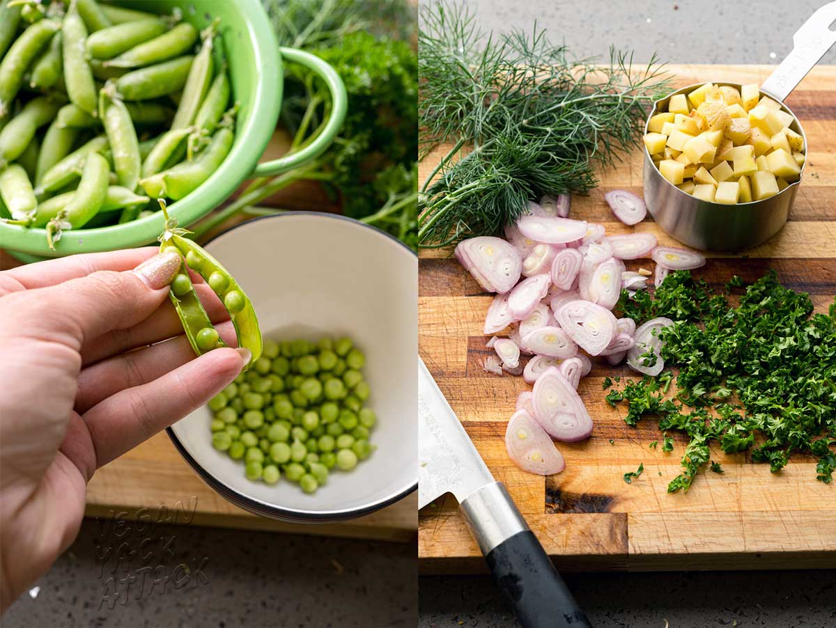 collage of shucking peas and chopped shallots and herbs