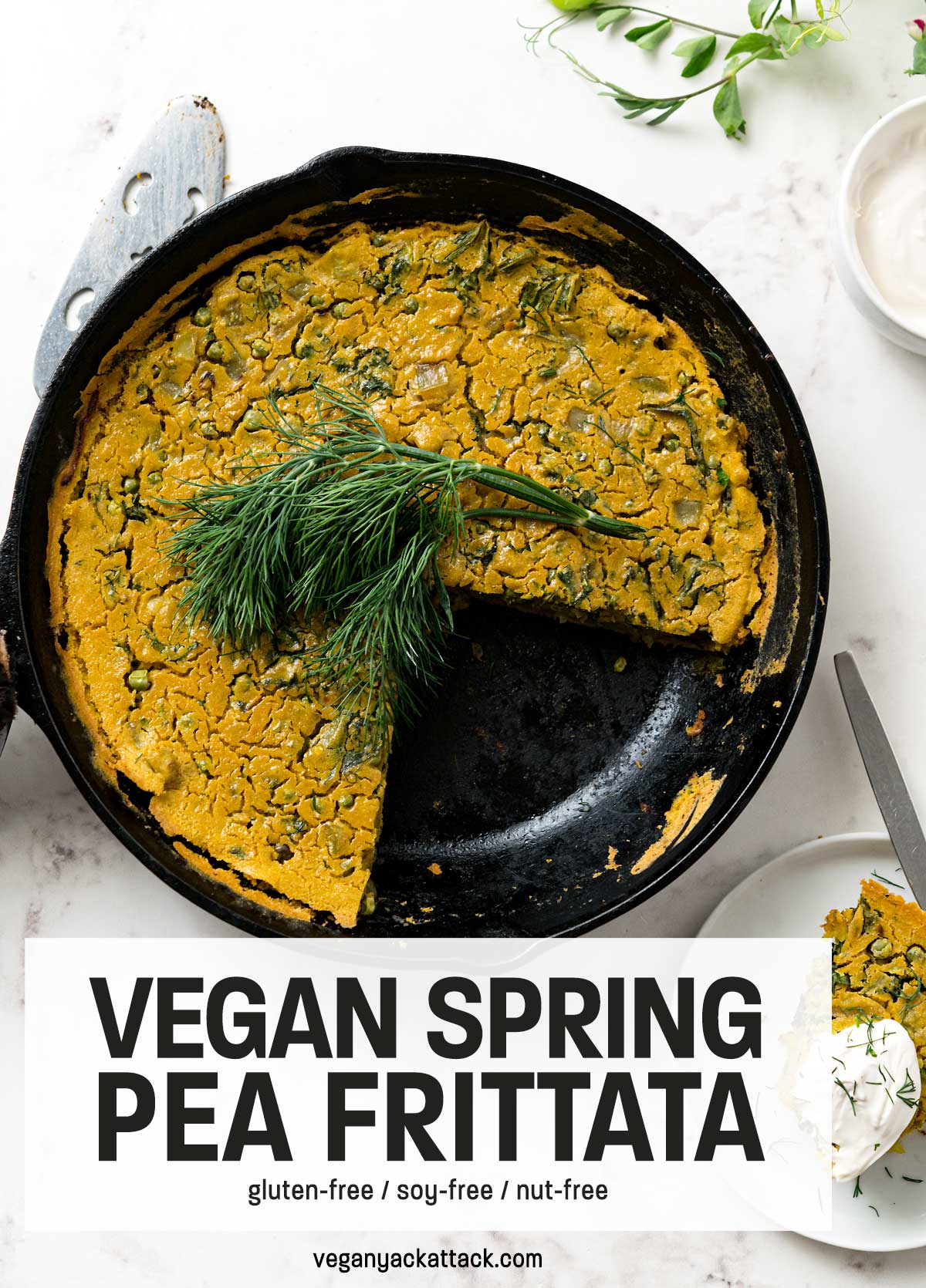 cast iron skillet with a partially sliced frittata with text overlay "vegan spring pea frittata"