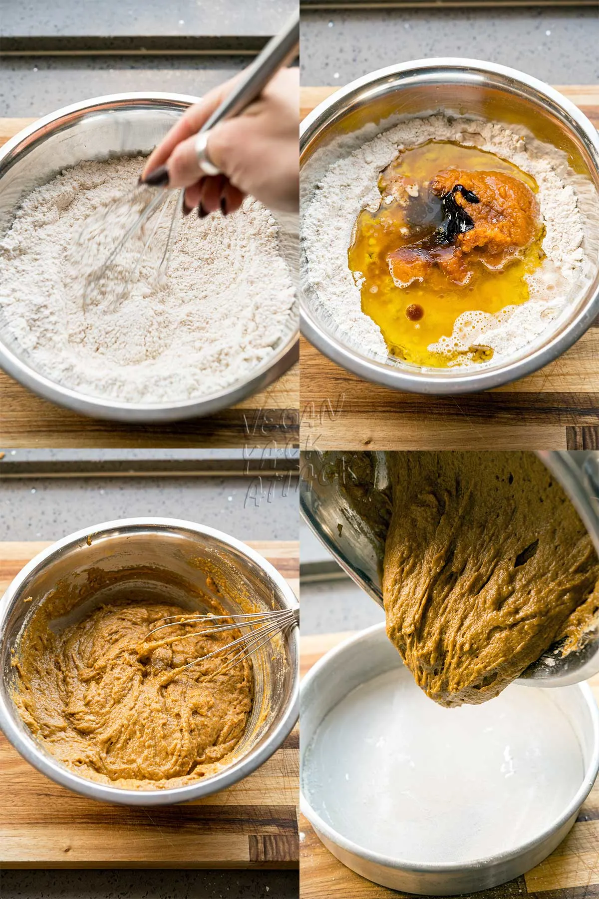 Collage di immagini su come preparare l'impasto della torta di zucca.